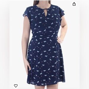Maison Jules Womens Navy Horses Pleated Short Sleeve Keyhole Dress Size Medium